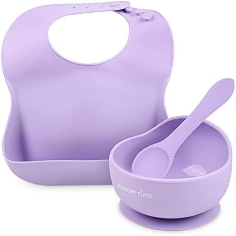 MunchyTime Silicone Bibs, Bowl with Suction & Spoons for Weaning