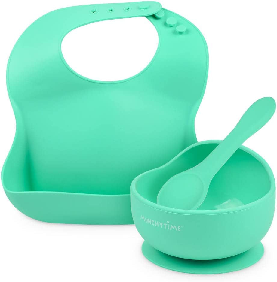 MunchyTime Silicone Bibs, Bowl with Suction & Spoons for Weaning