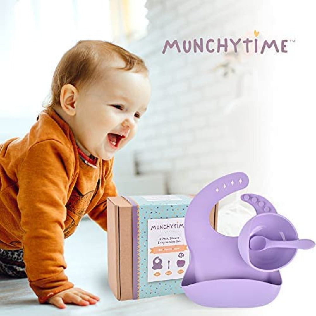 MunchyTime Baby Silicone Feeding Set Gift Box | Silicone Bibs, Bowl with Suction &amp; Spoons for Weaning